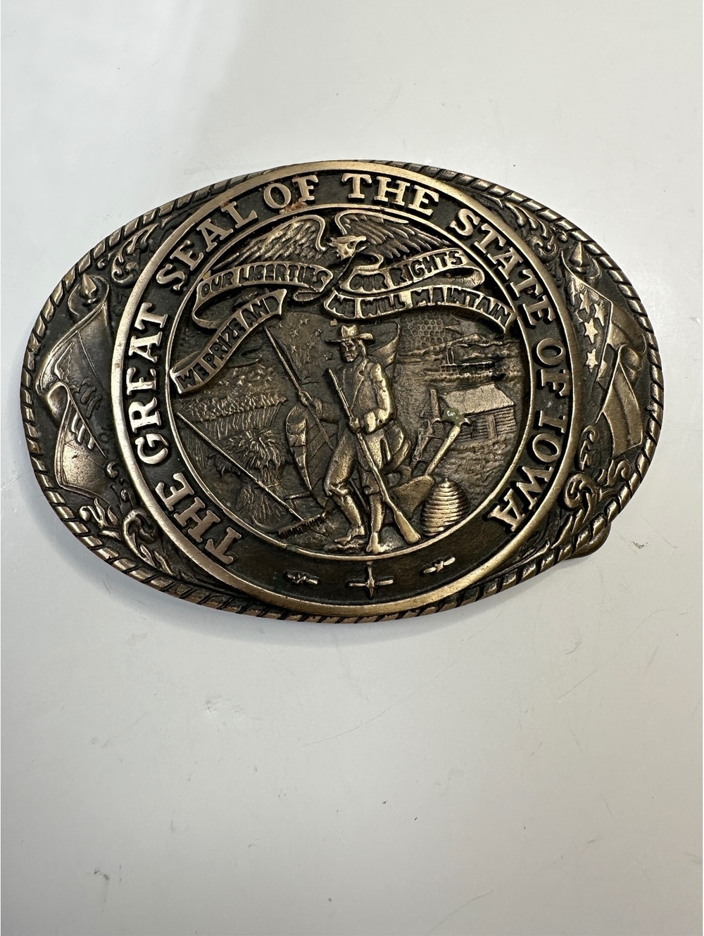 Tony Lama Solid Brass Belt Buckle Great Seal State Of Iowa 1980s 4” x 2.5”